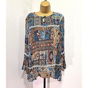 Melissa Paige Indie Boho Chic Crochet Crinkle Flare Sleeve Oversized Tunic Top S